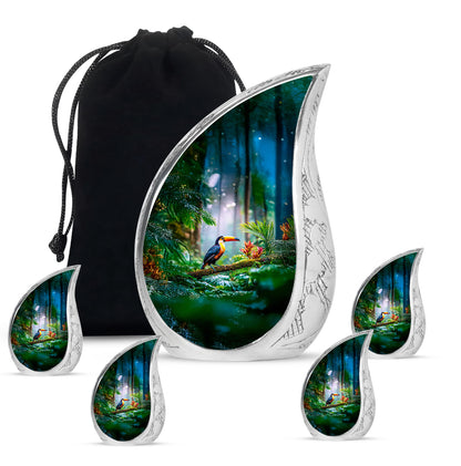 Emerald Green Hornbill Cremation Urn side profile showing urn shape - flowing teardrop hornbill silhouette on curved aluminum - memorial set with one large and four small urns