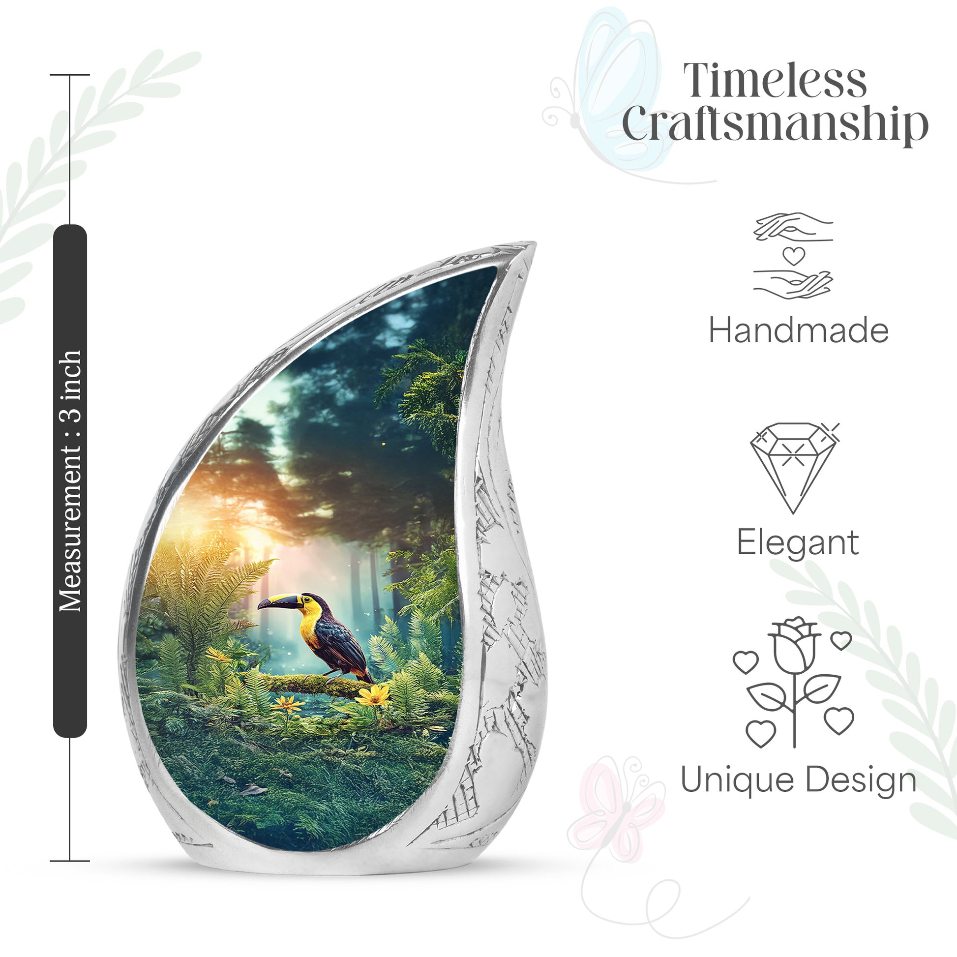 Amber Gold Hornbill Cremation Urn angled view of lid and engraved motif - rounded teardrop hornbill design with delicate detail - mini keepsake memorial for portion of cremation ashes