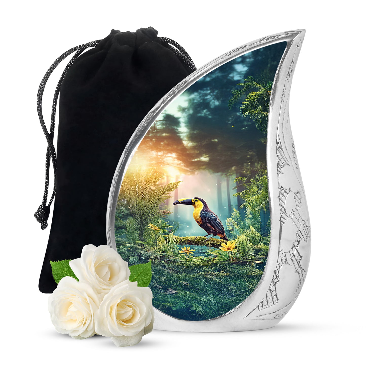 Matte Gold Hornbill Cremation Urn front view showing detailed design - smooth teardrop contour featuring hornbill art - full-size 10 inch 200 cubic inch adult cremation urn