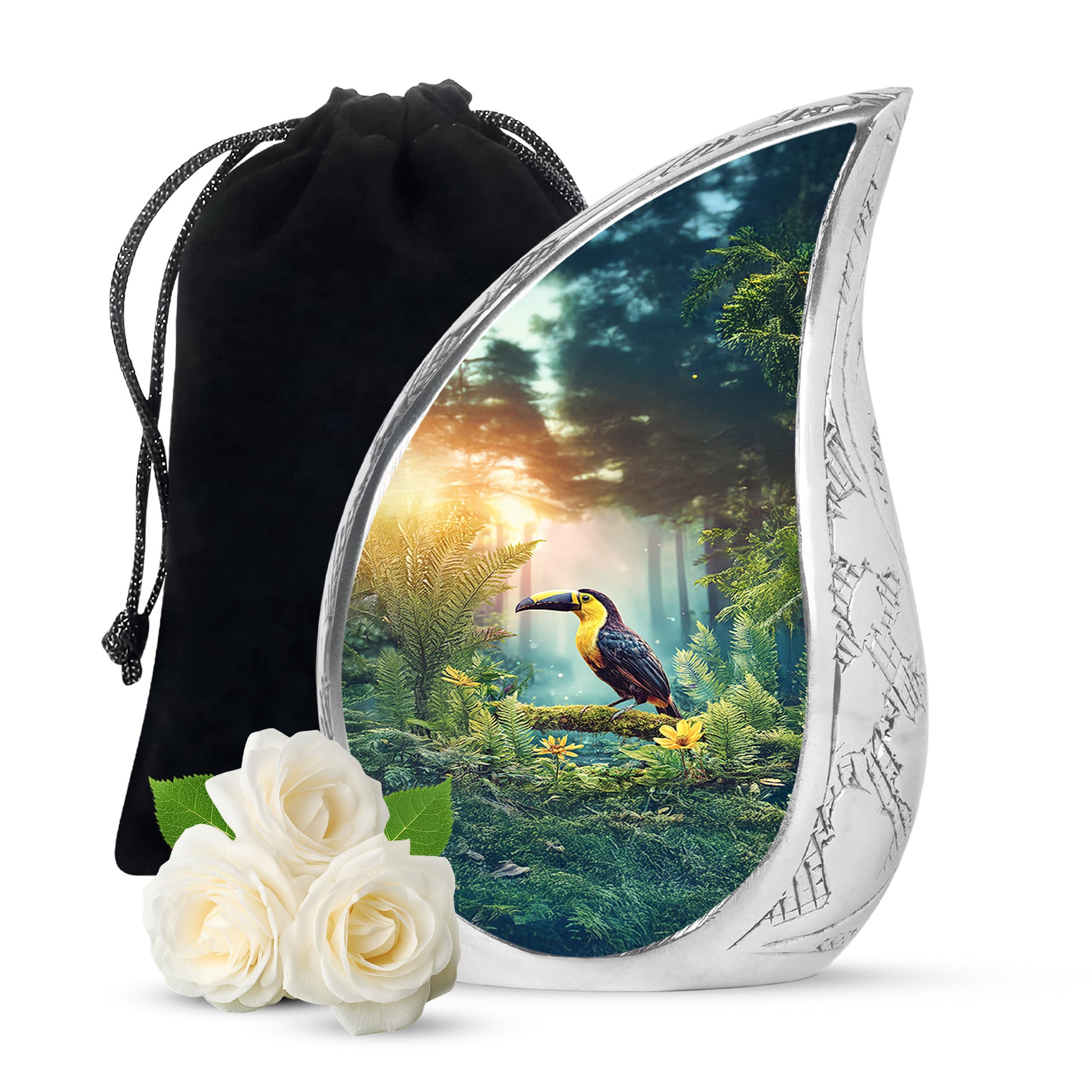 Matte Gold Hornbill Cremation Urn front view showing detailed design - smooth teardrop contour featuring hornbill art - full-size 10 inch 200 cubic inch adult cremation urn