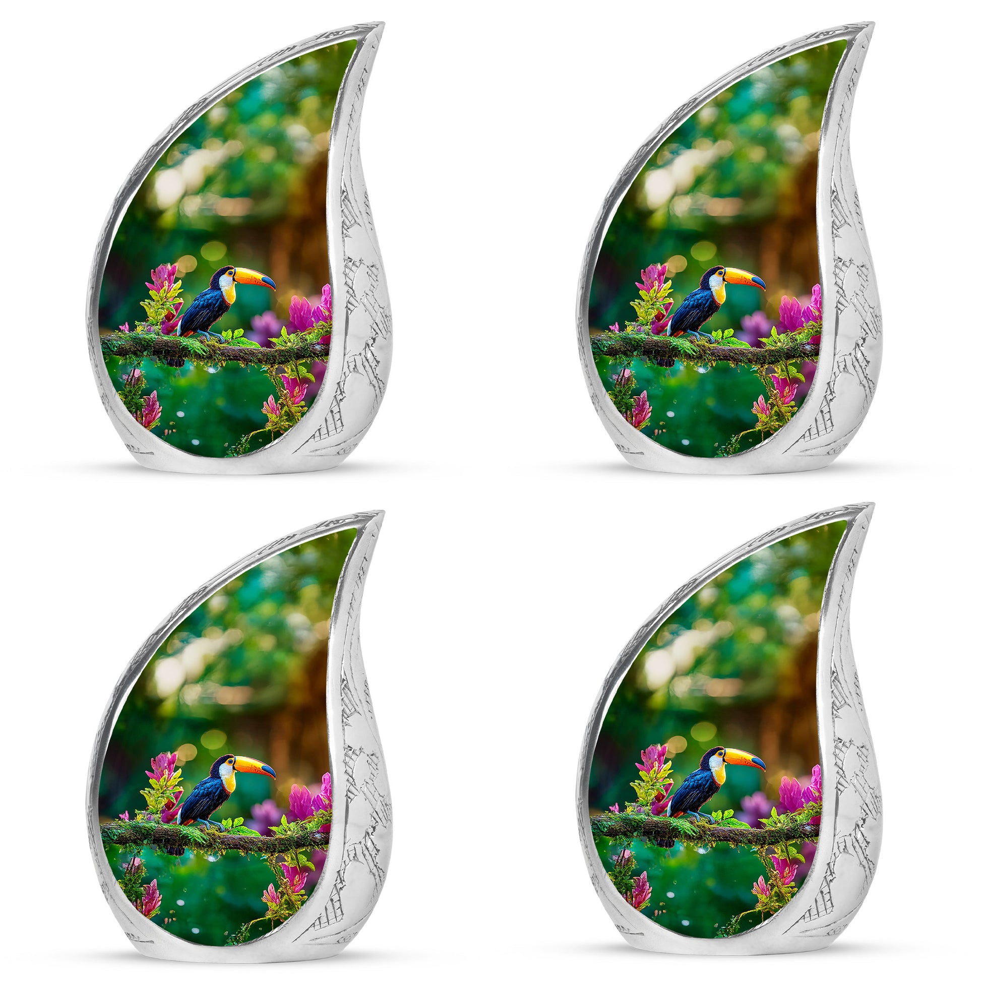 Sunshine Yellow Hornbill Cremation Urn close-up of engraving and surface detail - graceful tear-shaped urn with hornbill motif - 10 inch aluminum urn for cremated remains
