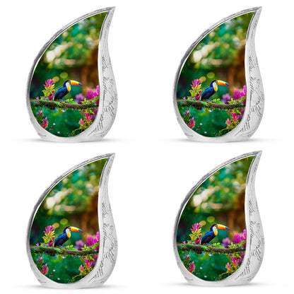 Sunshine Yellow Hornbill Cremation Urn close-up of engraving and surface detail - graceful tear-shaped urn with hornbill motif - 10 inch aluminum urn for cremated remains