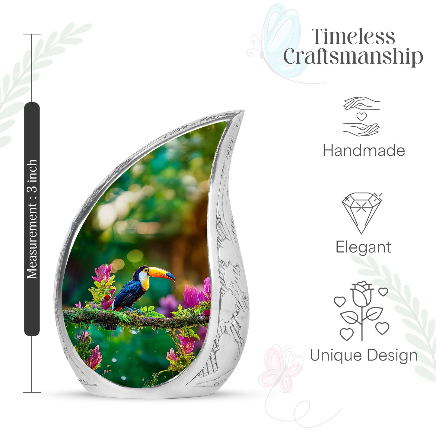 Sunshine Yellow Hornbill Cremation Urn angled view of lid and engraved motif - smooth teardrop contour featuring hornbill art - mini keepsake memorial for portion of cremation ashes