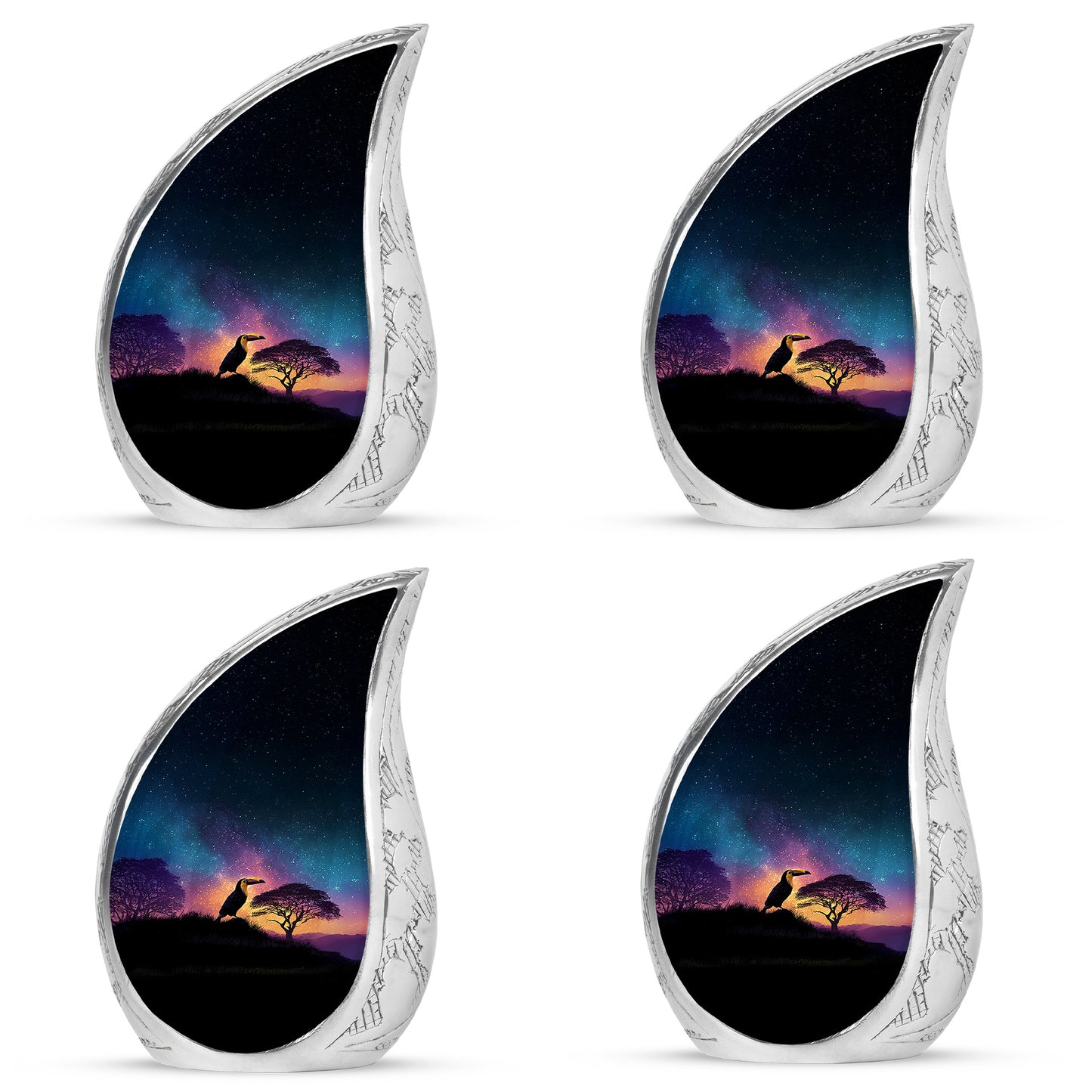 Serene Blue Hornbill Cremation Urn close-up of engraving and surface detail - graceful tear-shaped urn with hornbill motif - 10 inch aluminum urn for cremated remains