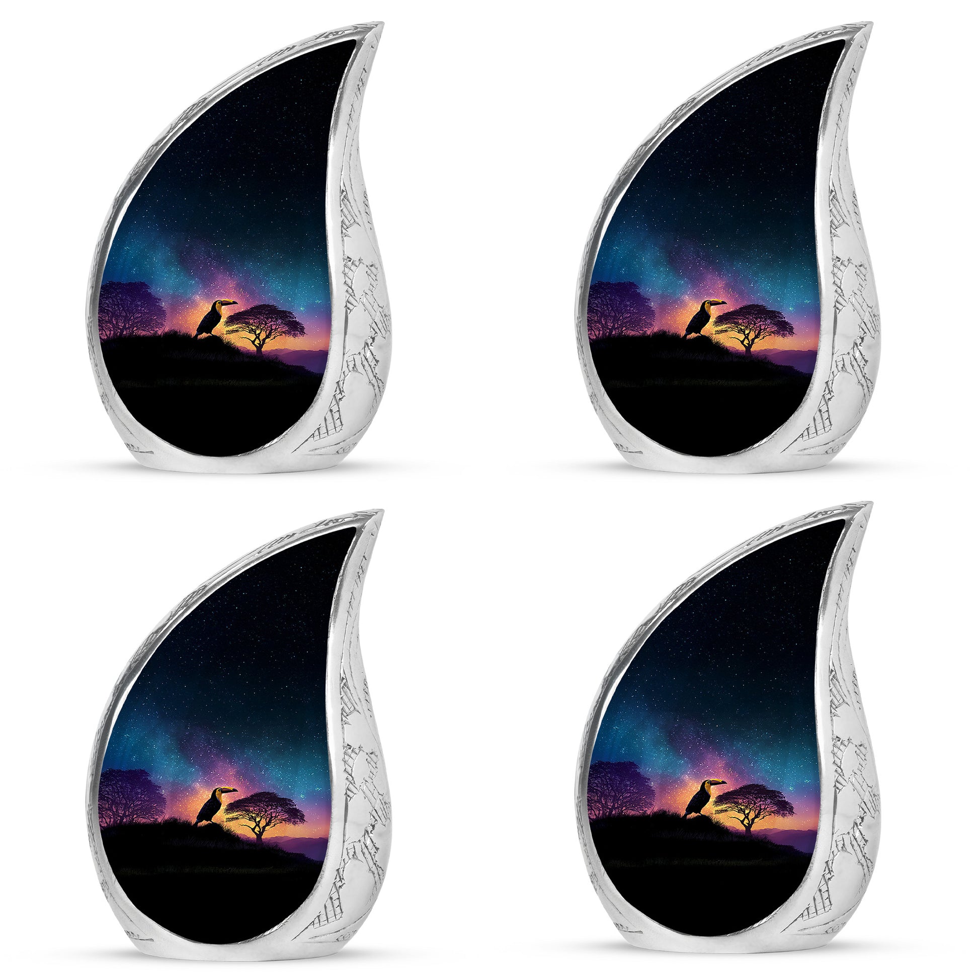 Serene Blue Hornbill Cremation Urn close-up of engraving and surface detail - graceful tear-shaped urn with hornbill motif - 10 inch aluminum urn for cremated remains