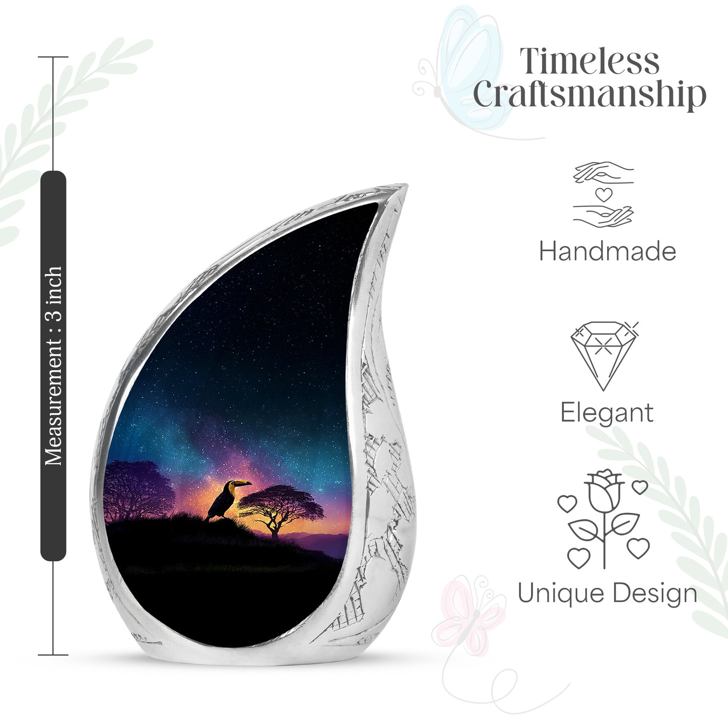 Celestial Blue Hornbill Cremation Urn angled view of lid and engraved motif - flowing teardrop hornbill silhouette on curved aluminum - mini keepsake memorial for portion of cremation ashes