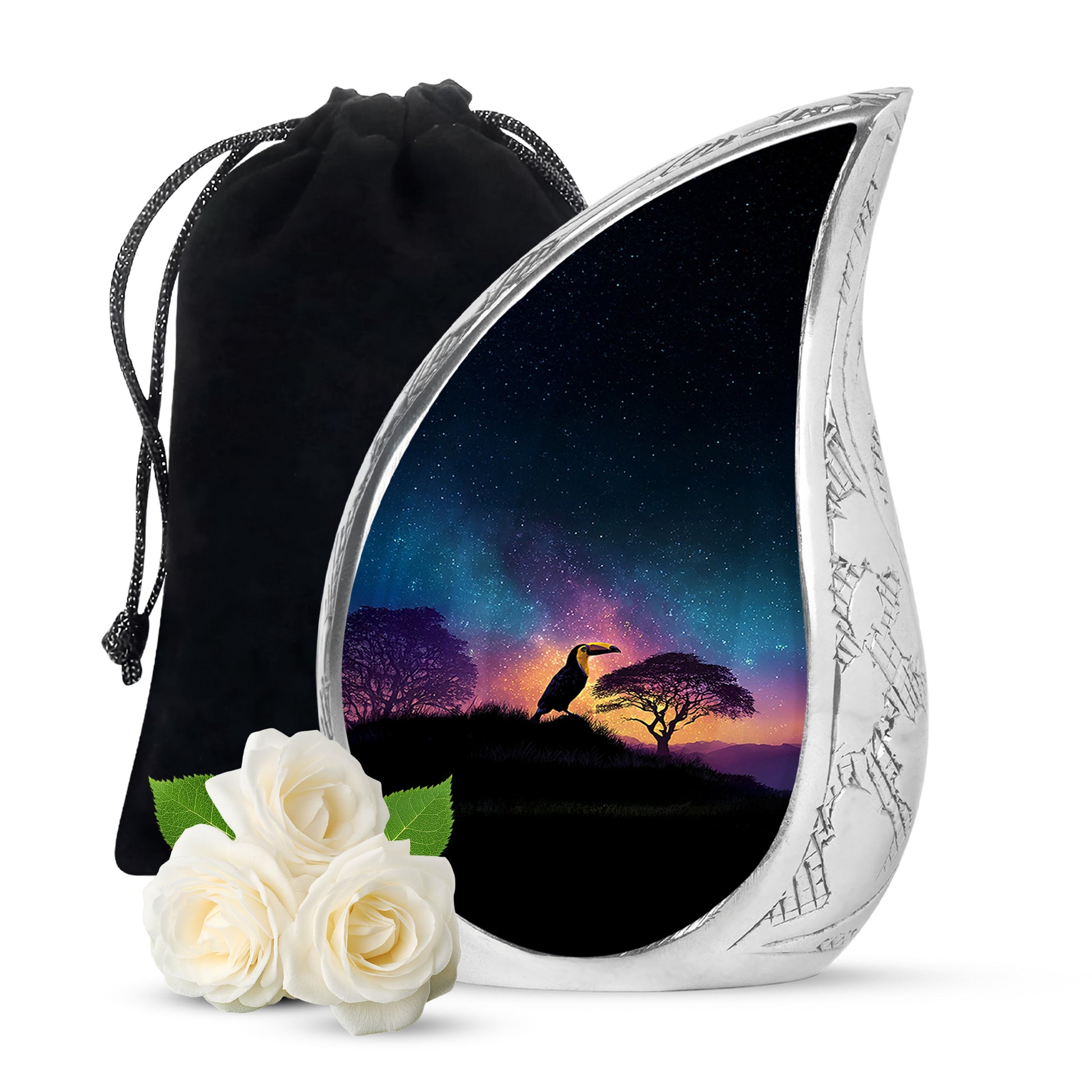 Sapphire Blue Hornbill Cremation Urn front view showing detailed design - smooth teardrop contour featuring hornbill art - full-size 10 inch 200 cubic inch adult cremation urn