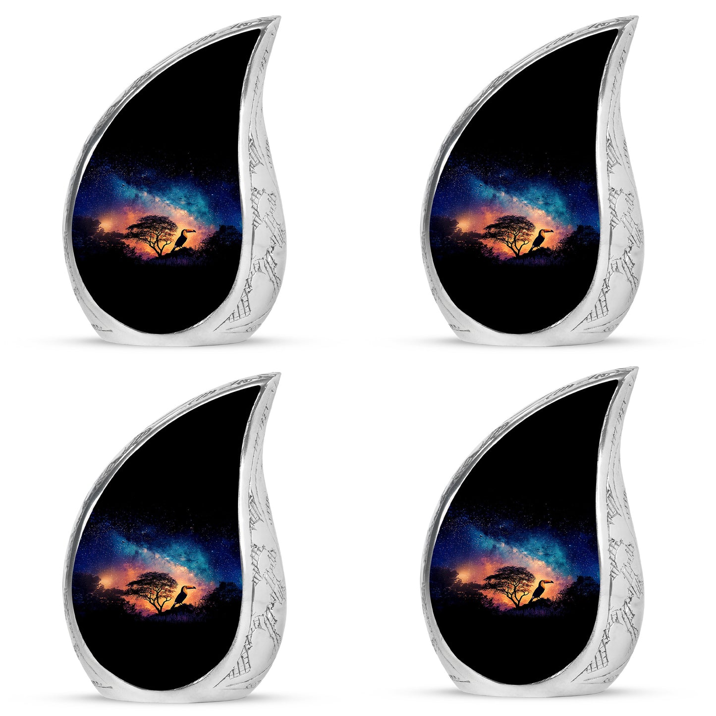 Misty Blue Hornbill Cremation Urn close-up of engraving and surface detail - flowing teardrop hornbill silhouette on curved aluminum - 10 inch aluminum urn for cremated remains