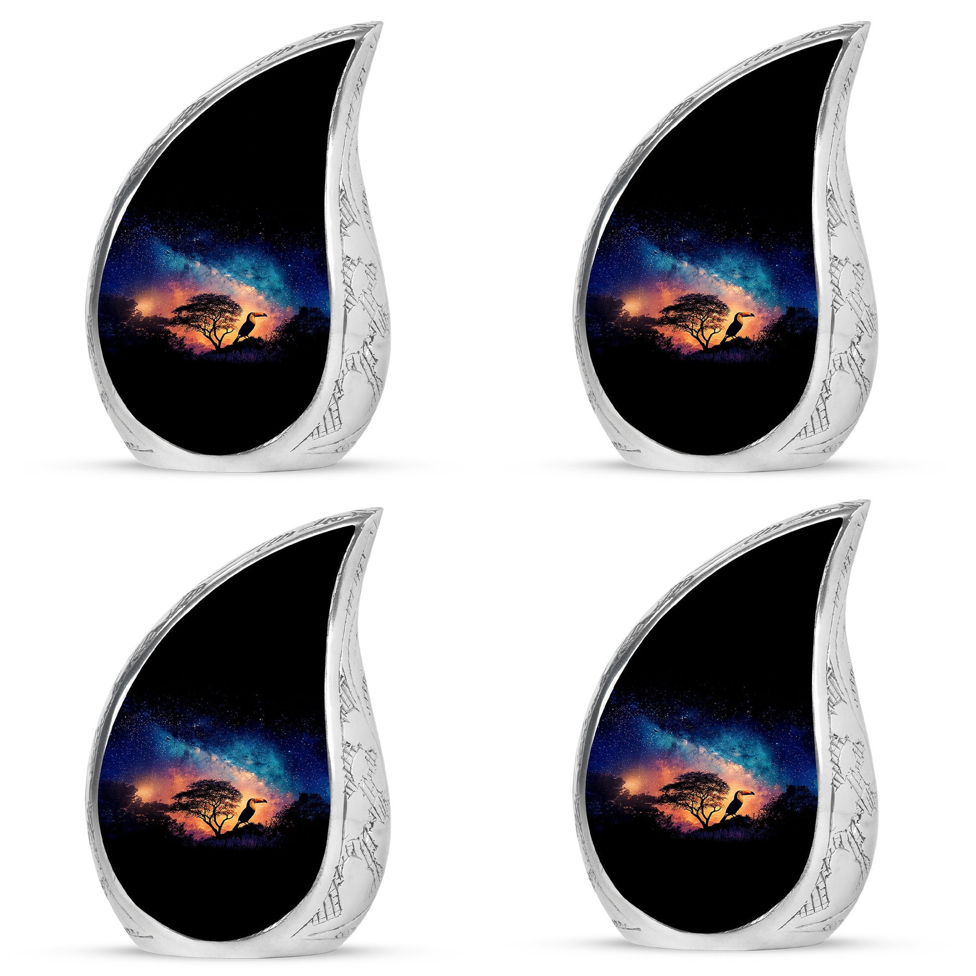 Misty Blue Hornbill Cremation Urn close-up of engraving and surface detail - flowing teardrop hornbill silhouette on curved aluminum - 10 inch aluminum urn for cremated remains