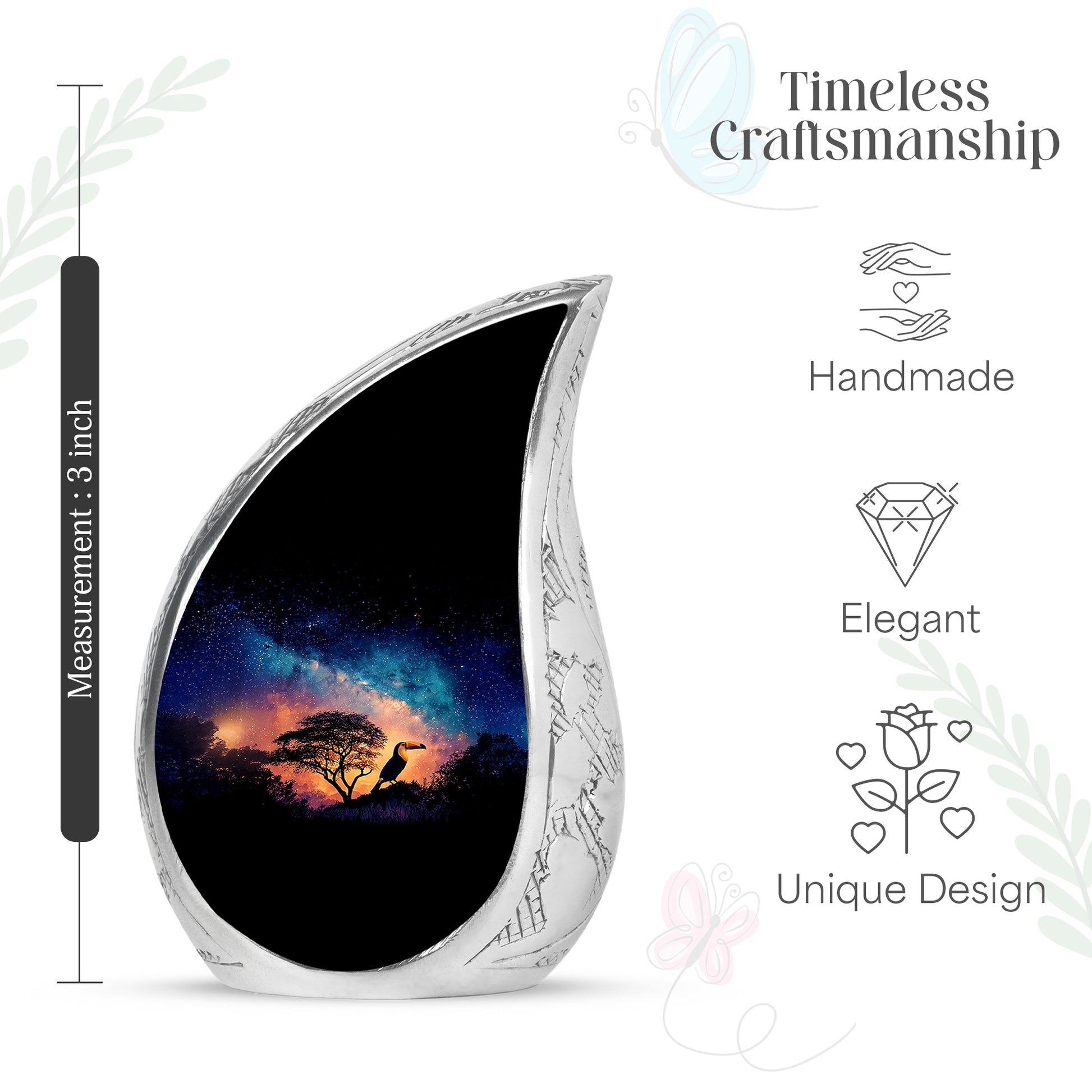 Pastel Blue Hornbill Cremation Urn angled view of lid and engraved motif - flowing teardrop hornbill silhouette on curved aluminum - mini keepsake memorial for portion of cremation ashes