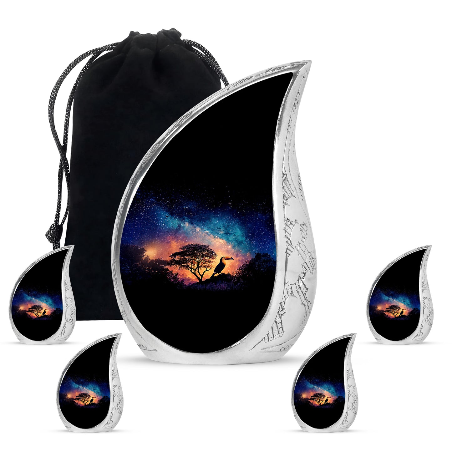 Bright Blue Hornbill Cremation Urn side profile showing urn shape - graceful tear-shaped urn with hornbill motif - memorial set with one large and four small urns