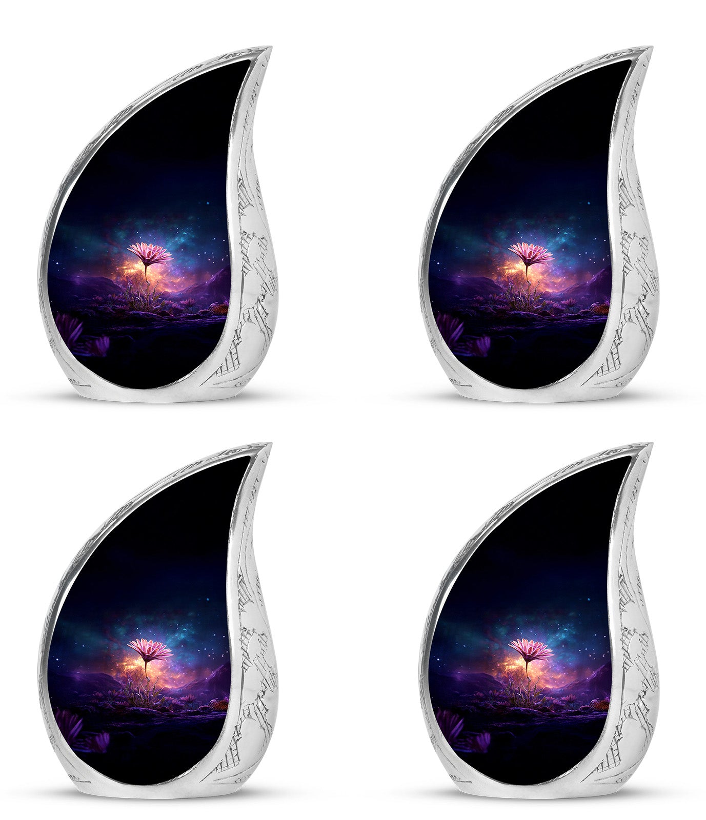 Azure Daisy Cremation Urn close-up of engraving and surface detail - rounded teardrop daisy design with delicate detail - 10 inch aluminum urn for cremated remains
