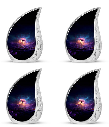 Azure Daisy Cremation Urn close-up of engraving and surface detail - rounded teardrop daisy design with delicate detail - 10 inch aluminum urn for cremated remains