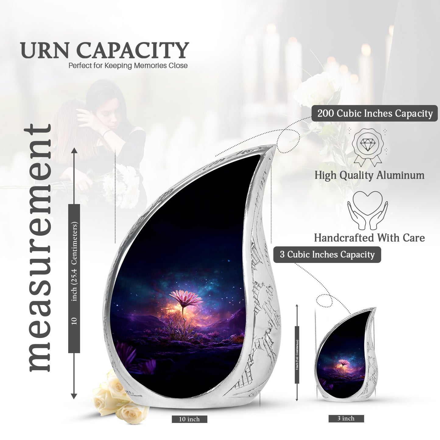 Dusty Blue Daisy Cremation Urn angled view of lid and engraved motif - rounded teardrop daisy design with delicate detail - mini keepsake memorial for portion of cremation ashes
