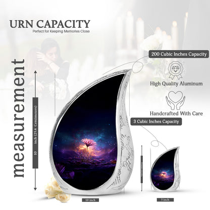 Dusty Blue Daisy Cremation Urn angled view of lid and engraved motif - rounded teardrop daisy design with delicate detail - mini keepsake memorial for portion of cremation ashes