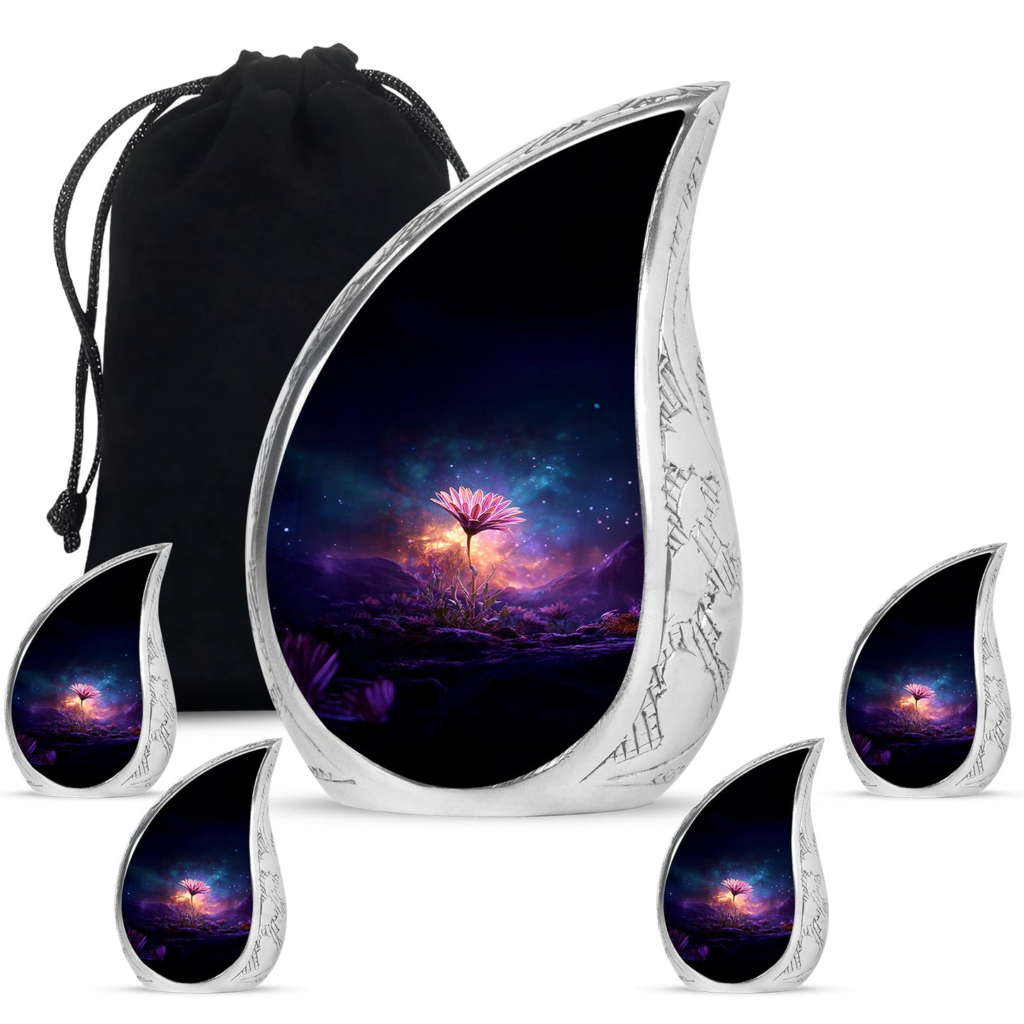 Twilight Blue Daisy Cremation Urn side profile showing urn shape - smooth teardrop contour featuring daisy art - memorial set with one large and four small urns