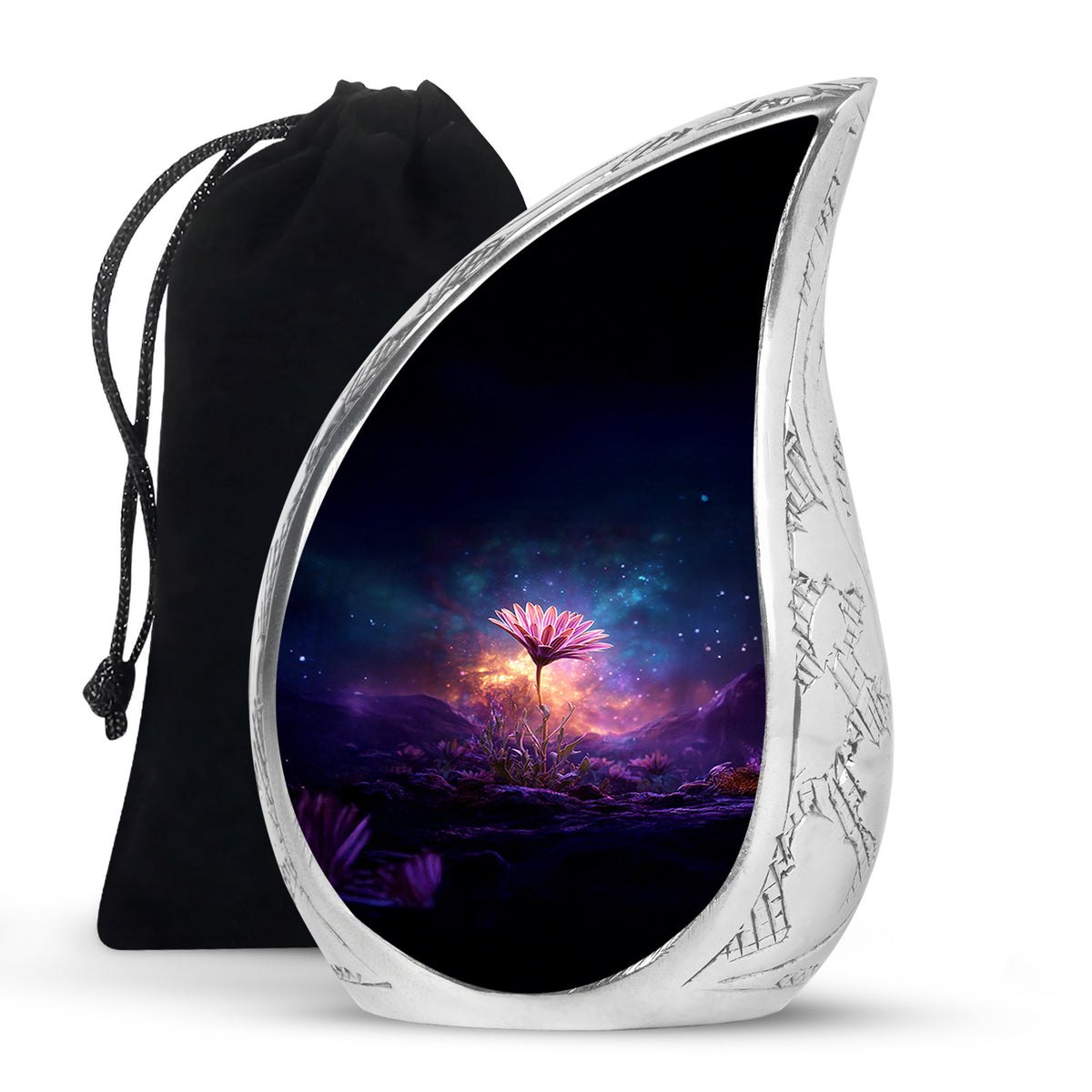 Icy Blue Daisy Cremation Urn front view showing detailed design - flowing teardrop daisy silhouette on curved aluminum - full-size 10 inch 200 cubic inch adult cremation urn