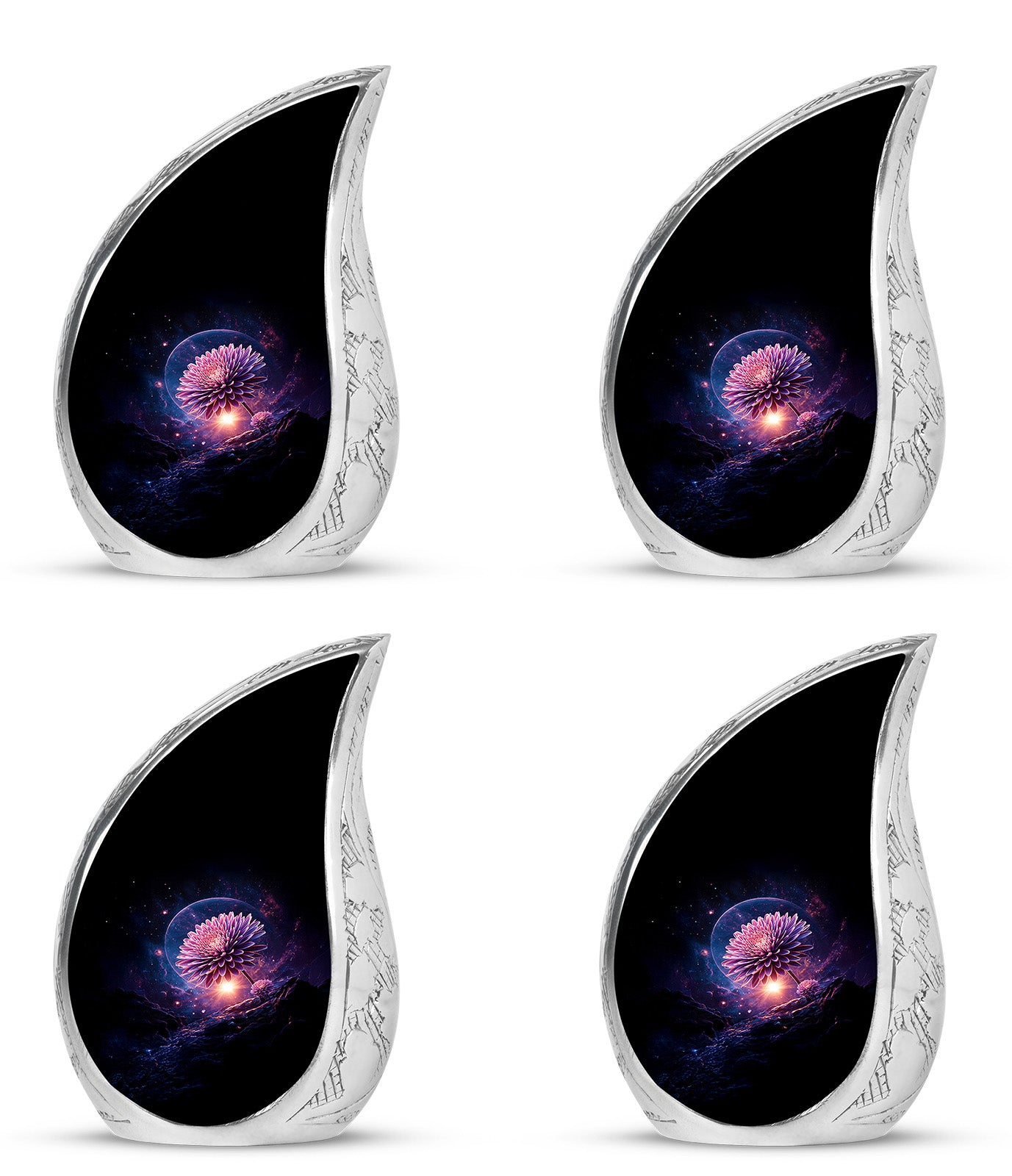 Obsidian Black Daisy Cremation Urn close-up of engraving and surface detail - graceful tear-shaped urn with daisy motif - 10 inch aluminum urn for cremated remains