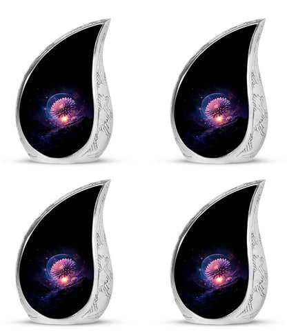 Obsidian Black Daisy Cremation Urn close-up of engraving and surface detail - graceful tear-shaped urn with daisy motif - 10 inch aluminum urn for cremated remains