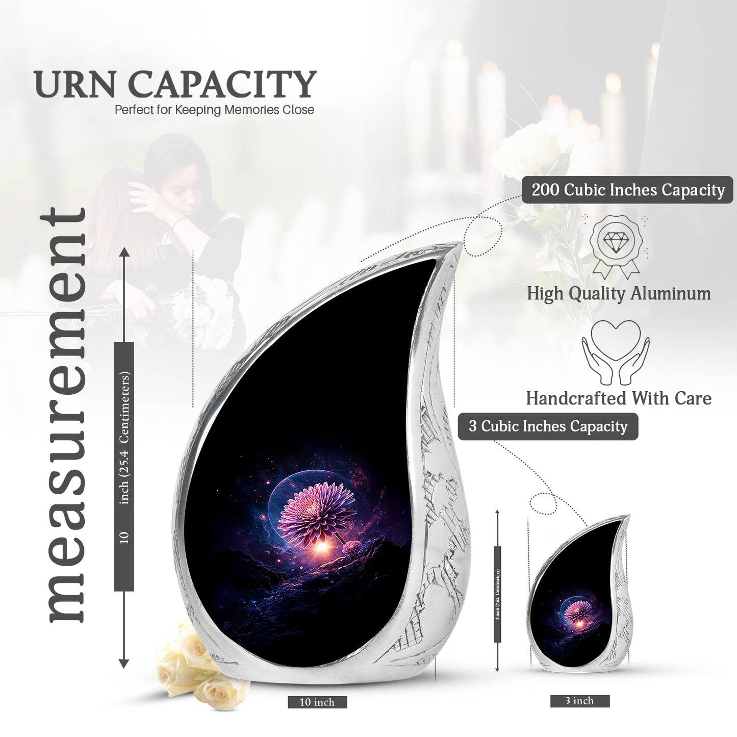 Deep Black Daisy Cremation Urn angled view of lid and engraved motif - rounded teardrop daisy design with delicate detail - mini keepsake memorial for portion of cremation ashes