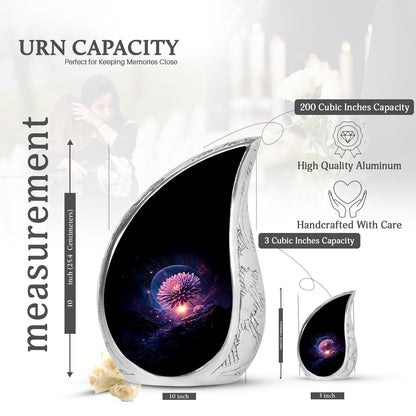 Deep Black Daisy Cremation Urn angled view of lid and engraved motif - rounded teardrop daisy design with delicate detail - mini keepsake memorial for portion of cremation ashes