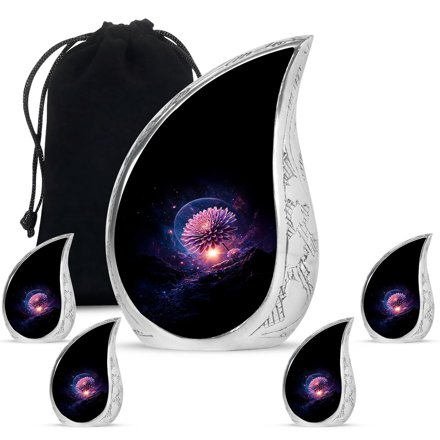 Jet Black Daisy Cremation Urn side profile showing urn shape - flowing teardrop daisy silhouette on curved aluminum - memorial set with one large and four small urns