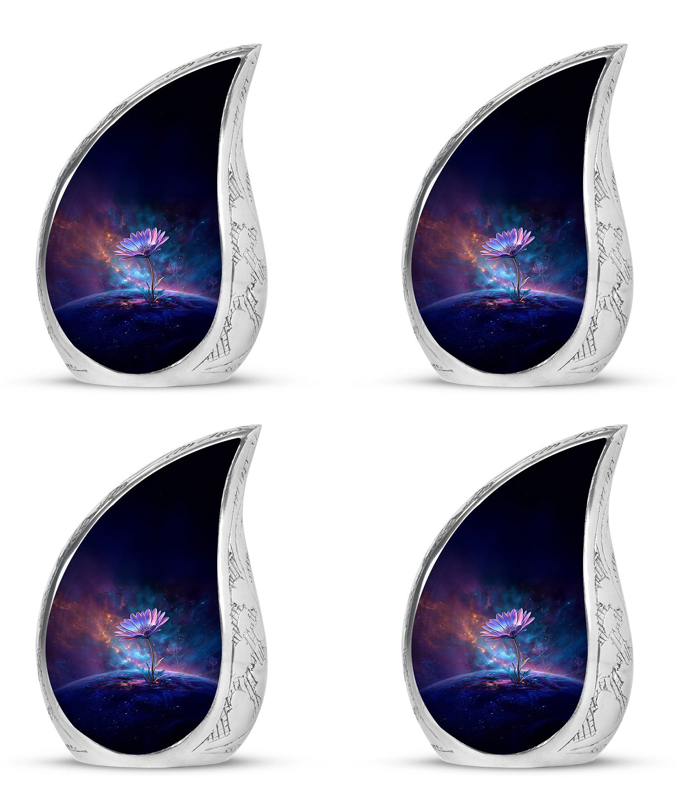 Celestial Blue Daisy Cremation Urn close-up of engraving and surface detail - flowing teardrop daisy silhouette on curved aluminum - 10 inch aluminum urn for cremated remains