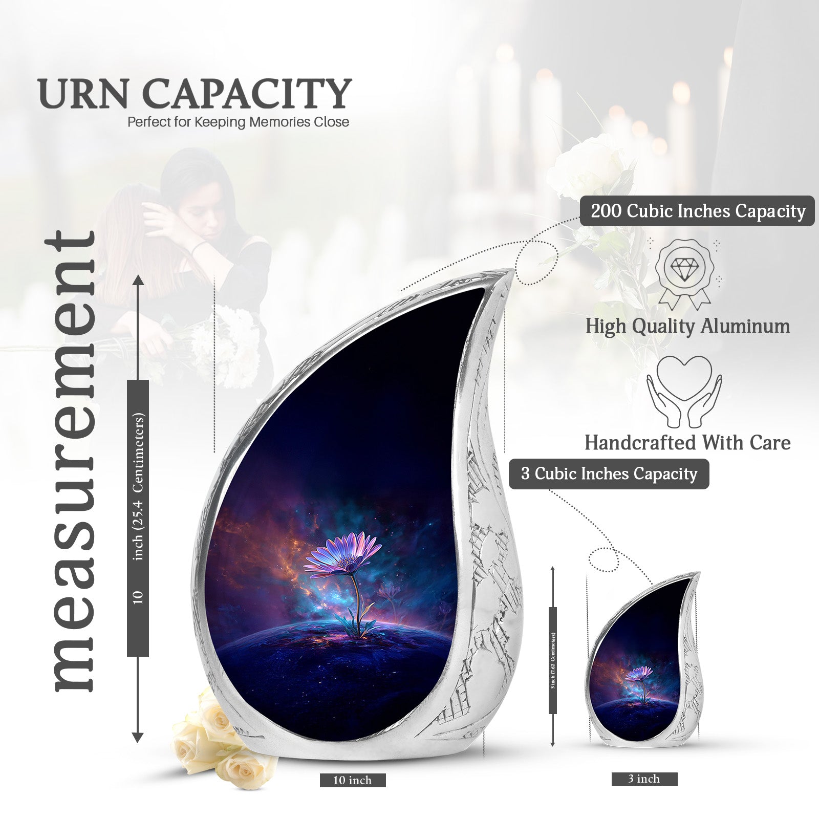 Serene Blue Daisy Cremation Urn angled view of lid and engraved motif - graceful tear-shaped urn with daisy motif - mini keepsake memorial for portion of cremation ashes