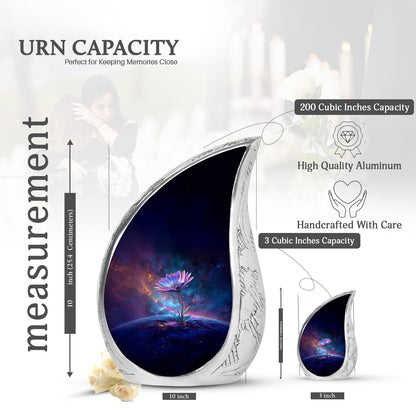 Serene Blue Daisy Cremation Urn angled view of lid and engraved motif - graceful tear-shaped urn with daisy motif - mini keepsake memorial for portion of cremation ashes