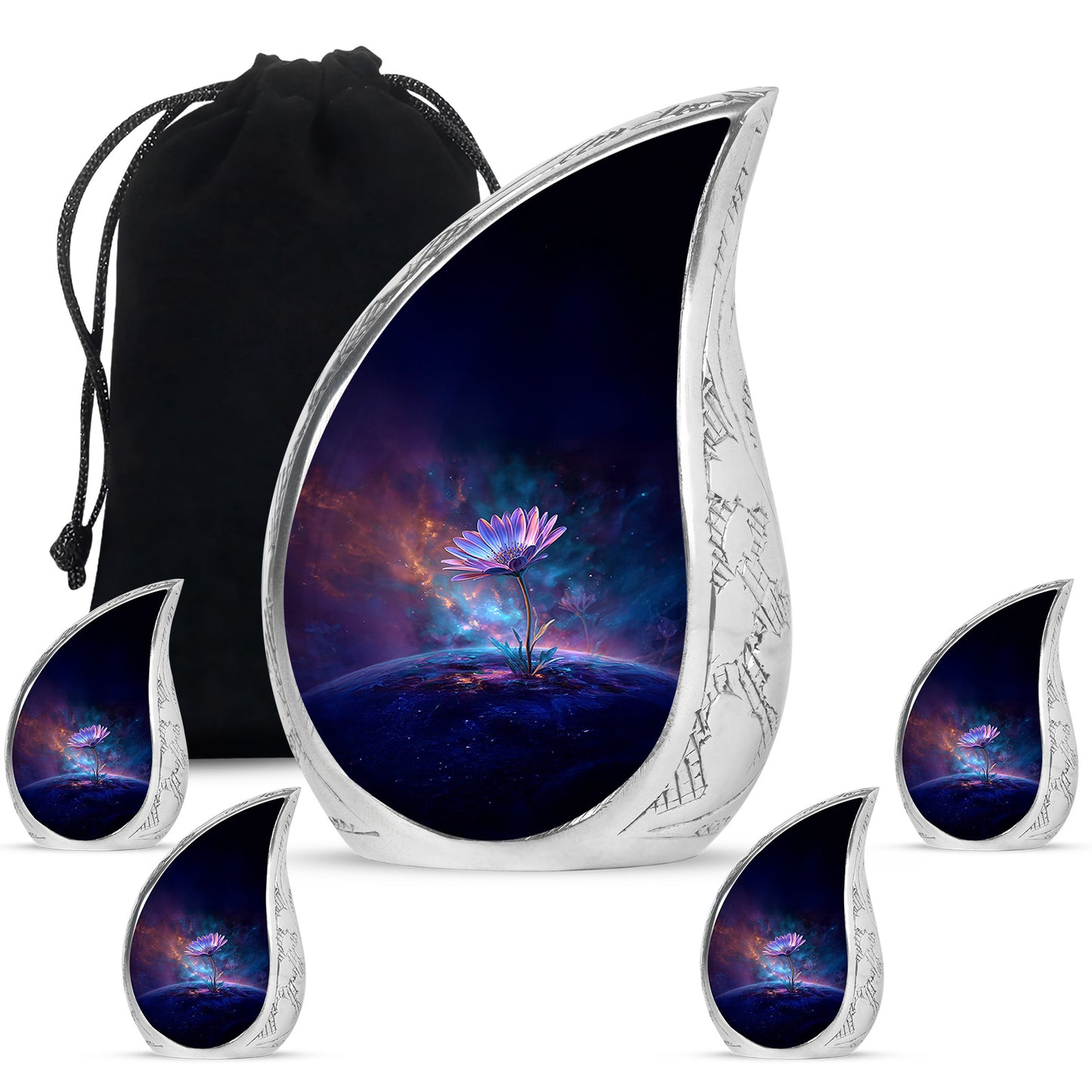 Celestial Blue Daisy Cremation Urn side profile showing urn shape - flowing teardrop daisy silhouette on curved aluminum - memorial set with one large and four small urns
