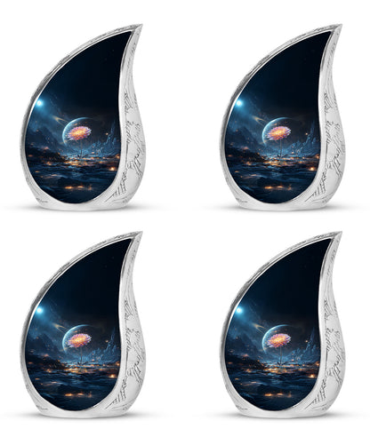 Serene Blue Daisy Cremation Urn close-up of engraving and surface detail - graceful tear-shaped urn with daisy motif - 10 inch aluminum urn for cremated remains