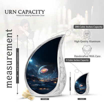 Twilight Blue Daisy Cremation Urn angled view of lid and engraved motif - smooth teardrop contour featuring daisy art - mini keepsake memorial for portion of cremation ashes