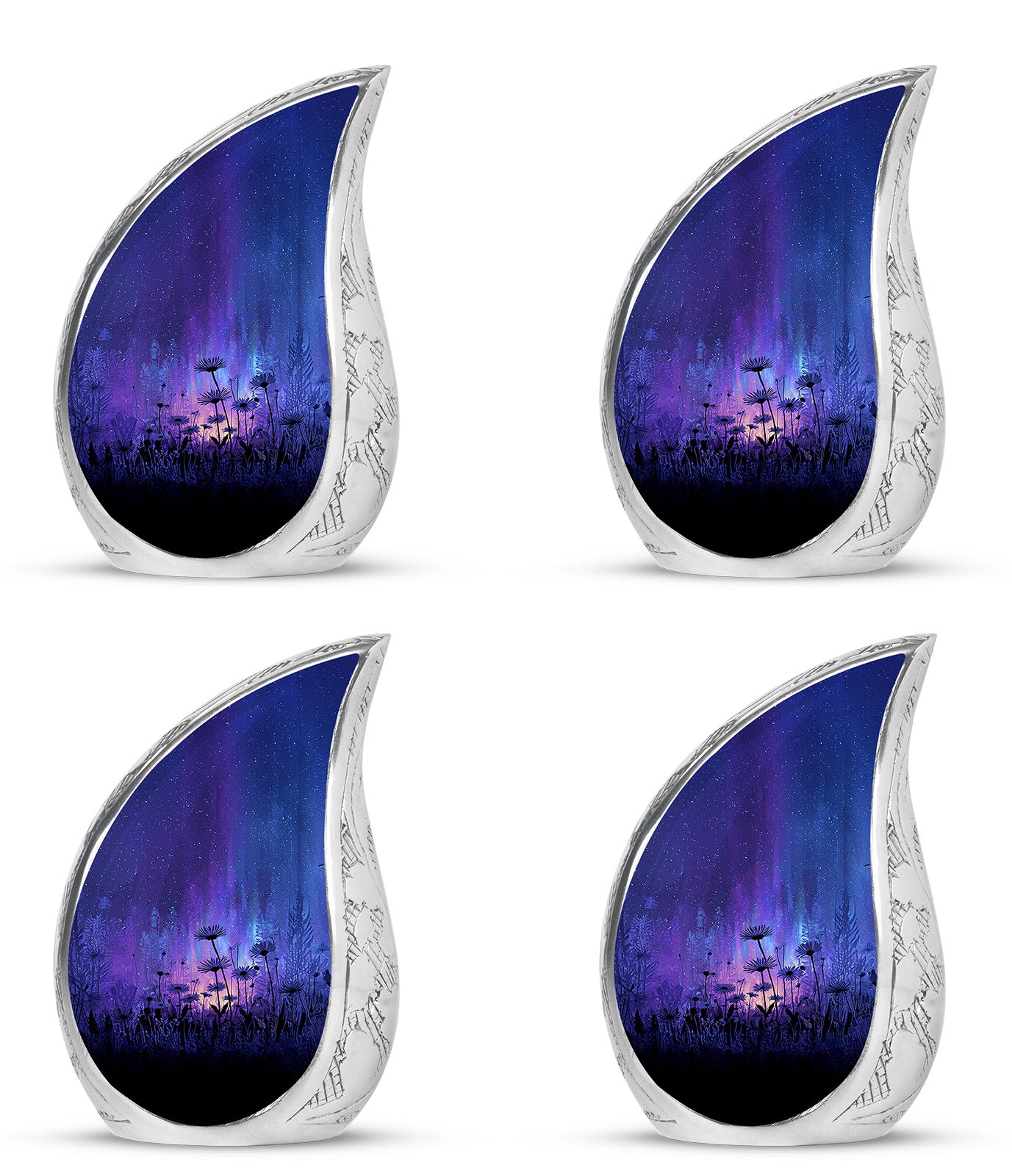 Icy Blue Daisy Cremation Urn close-up of engraving and surface detail - flowing teardrop daisy silhouette on curved aluminum - 10 inch aluminum urn for cremated remains
