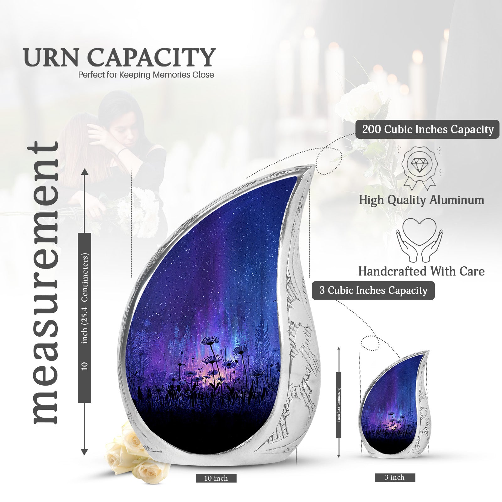 Navy Blue Daisy Cremation Urn angled view of lid and engraved motif - rounded teardrop daisy design with delicate detail - mini keepsake memorial for portion of cremation ashes