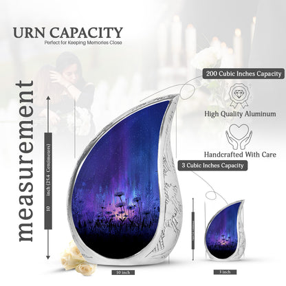 Navy Blue Daisy Cremation Urn angled view of lid and engraved motif - rounded teardrop daisy design with delicate detail - mini keepsake memorial for portion of cremation ashes