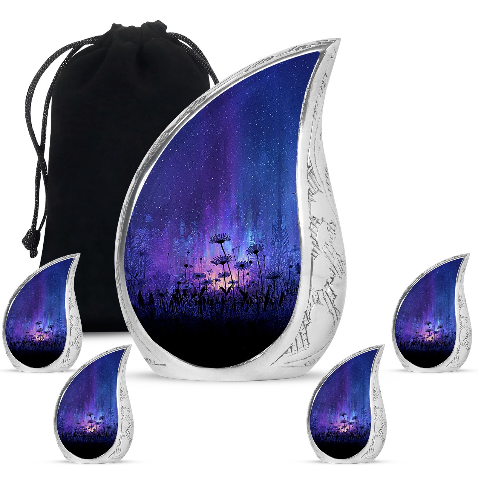 Bright Blue Daisy Cremation Urn side profile showing urn shape - graceful tear-shaped urn with daisy motif - memorial set with one large and four small urns