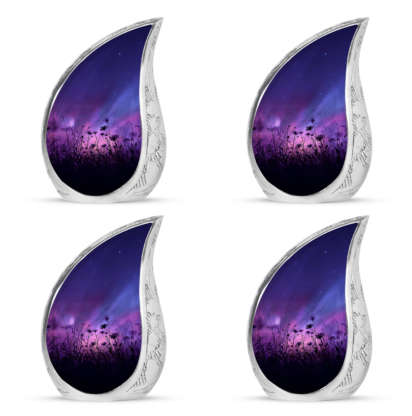Icy Blue Daisy Cremation Urn close-up of engraving and surface detail - rounded teardrop daisy design with delicate detail - 10 inch aluminum urn for cremated remains