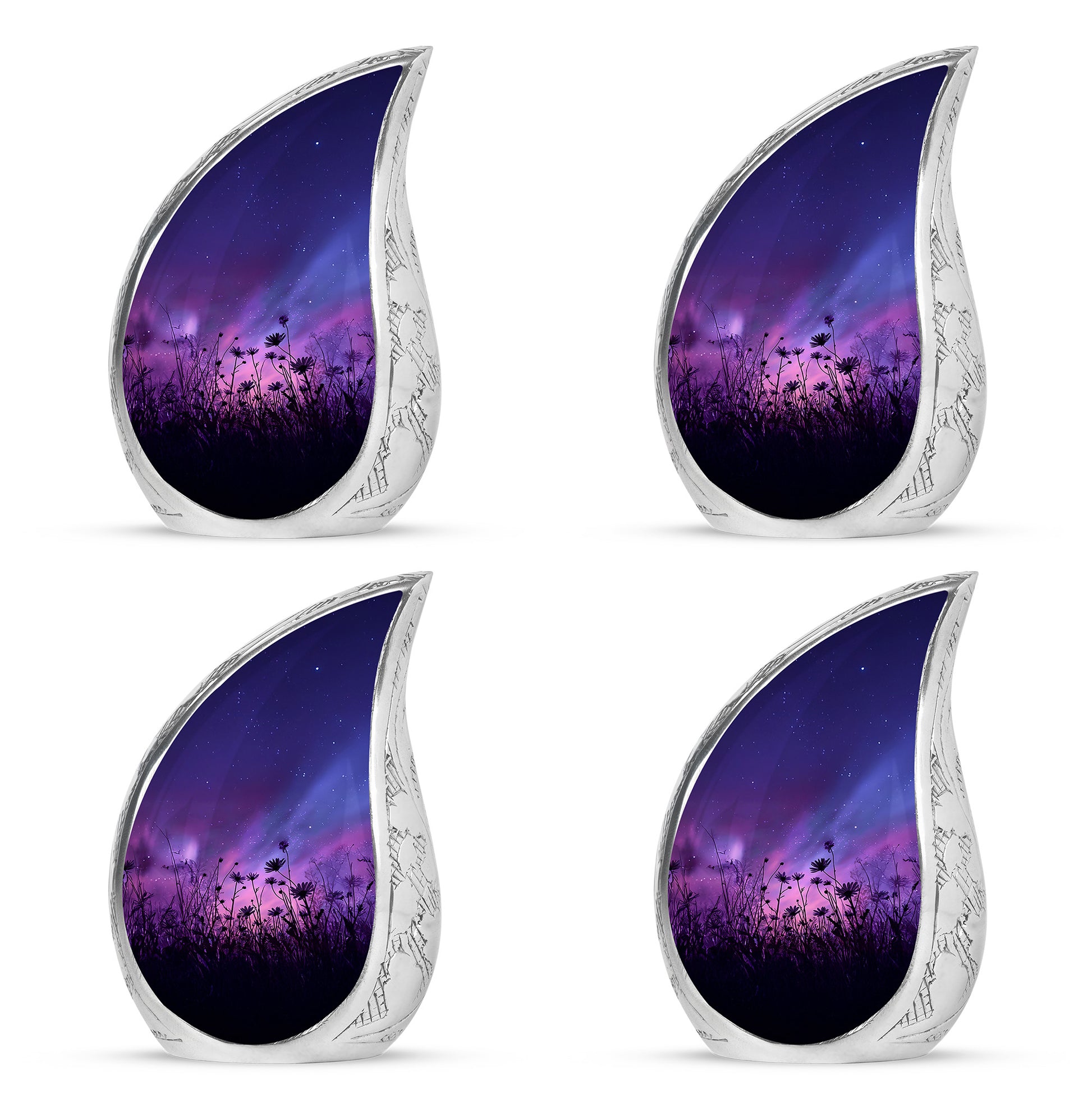 Icy Blue Daisy Cremation Urn close-up of engraving and surface detail - rounded teardrop daisy design with delicate detail - 10 inch aluminum urn for cremated remains