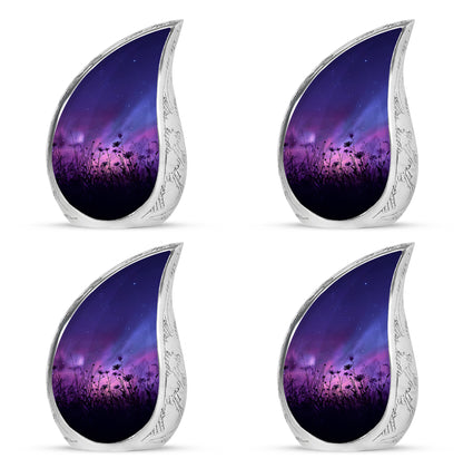 Icy Blue Daisy Cremation Urn close-up of engraving and surface detail - rounded teardrop daisy design with delicate detail - 10 inch aluminum urn for cremated remains