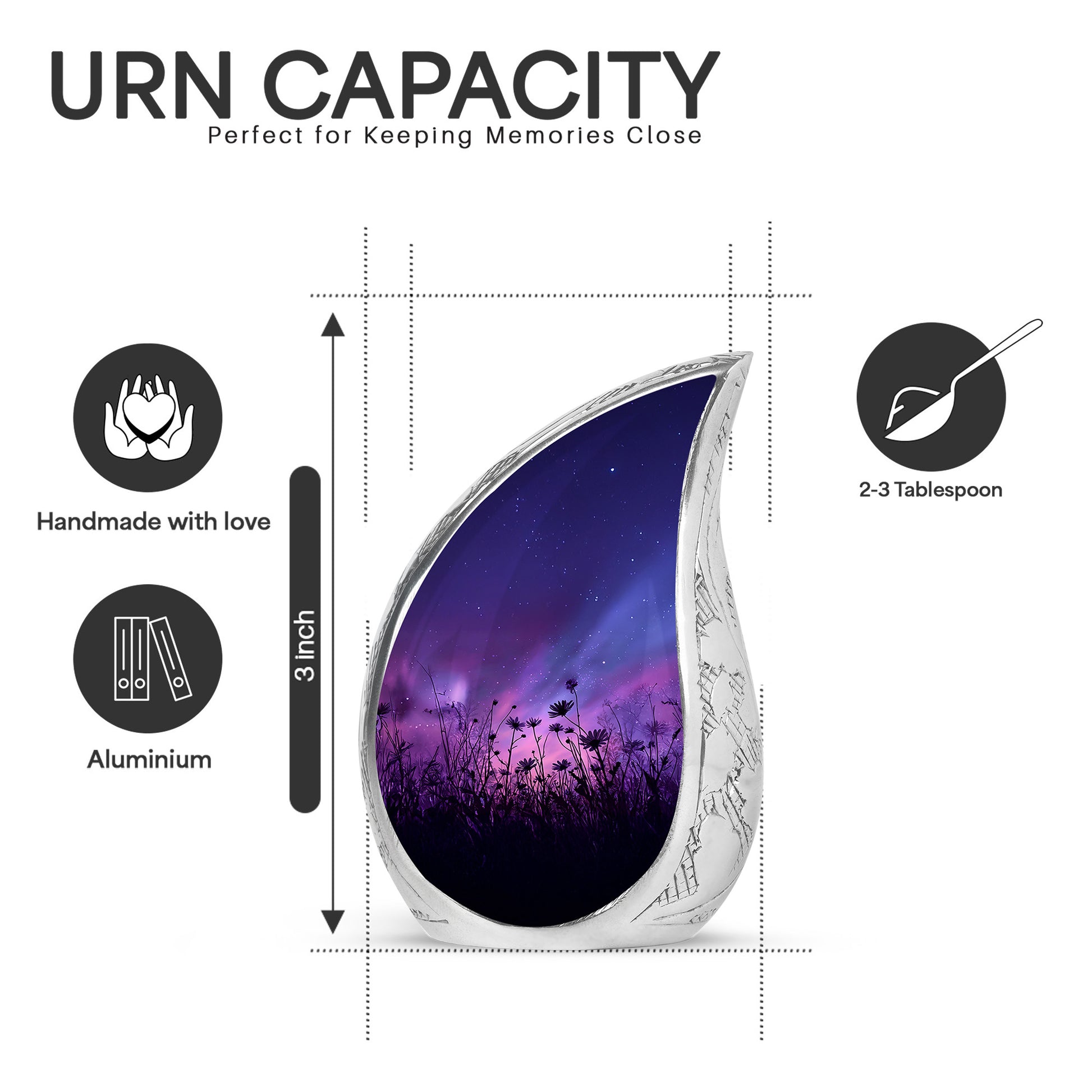 Calming Blue Daisy Cremation Urn angled view of lid and engraved motif - smooth teardrop contour featuring daisy art - mini keepsake memorial for portion of cremation ashes