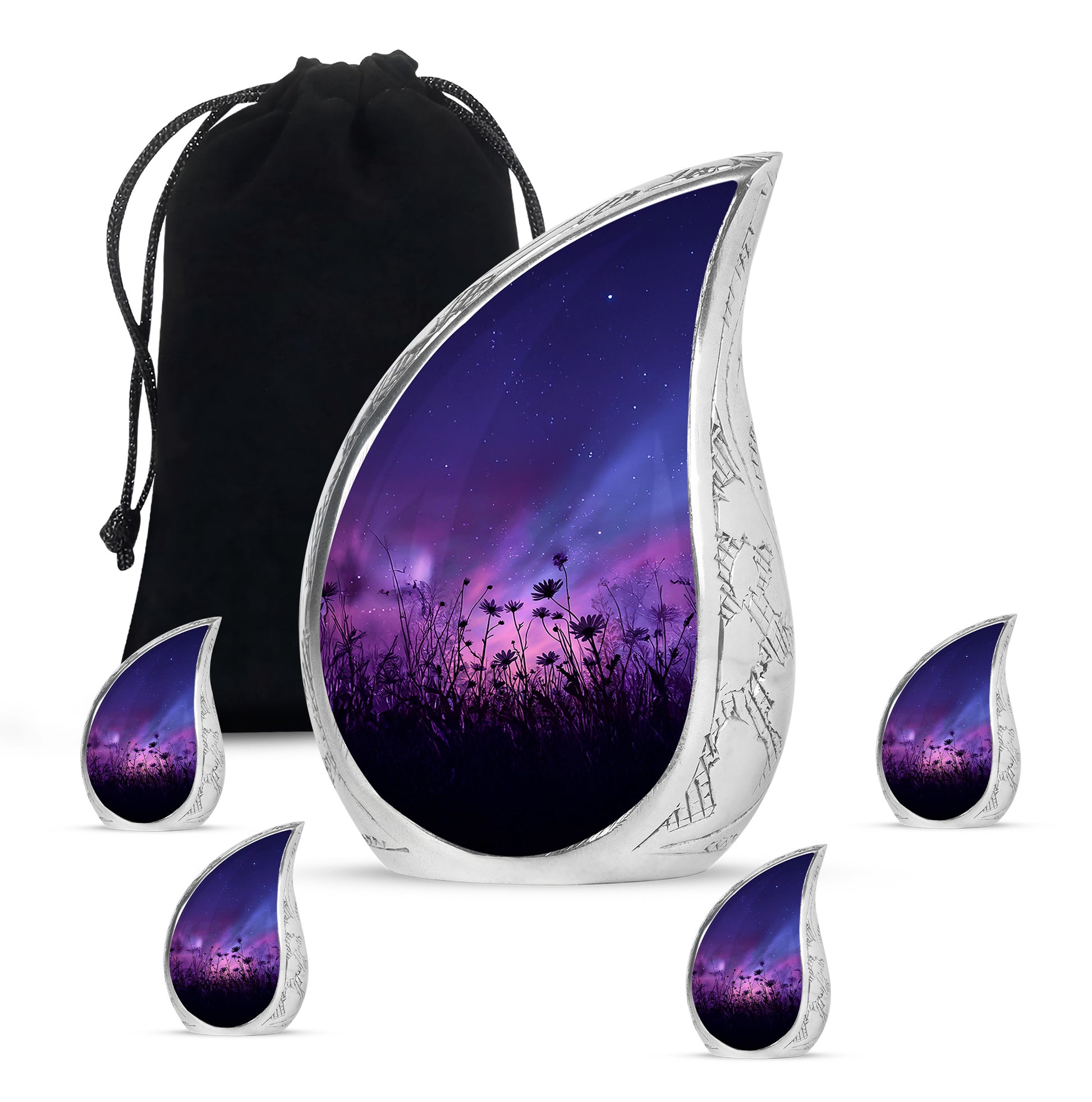 Sapphire Blue Daisy Cremation Urn side profile showing urn shape - graceful tear-shaped urn with daisy motif - memorial set with one large and four small urns