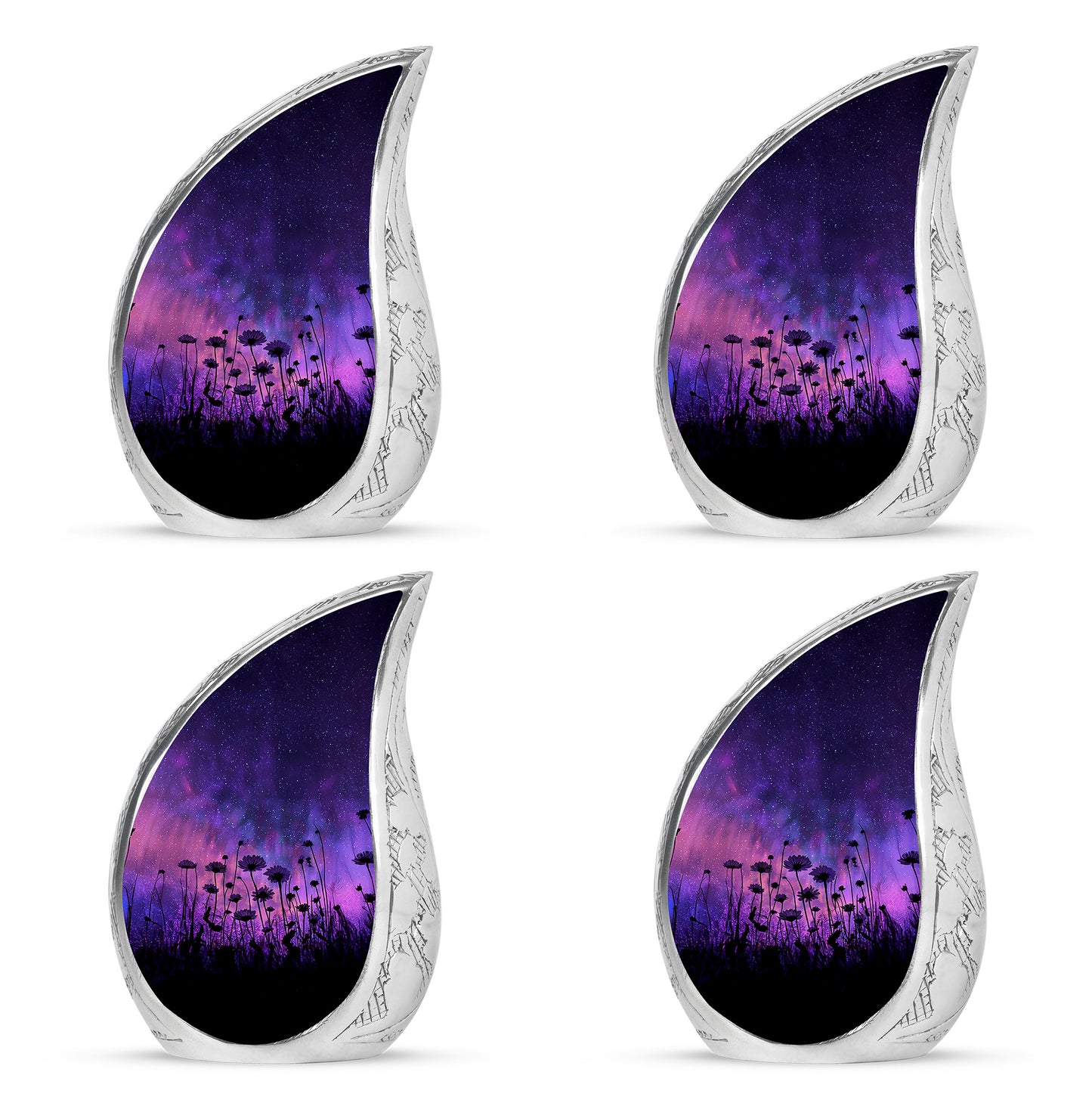 Vivid Blue Daisy Cremation Urn close-up of engraving and surface detail - graceful tear-shaped urn with daisy motif - 10 inch aluminum urn for cremated remains
