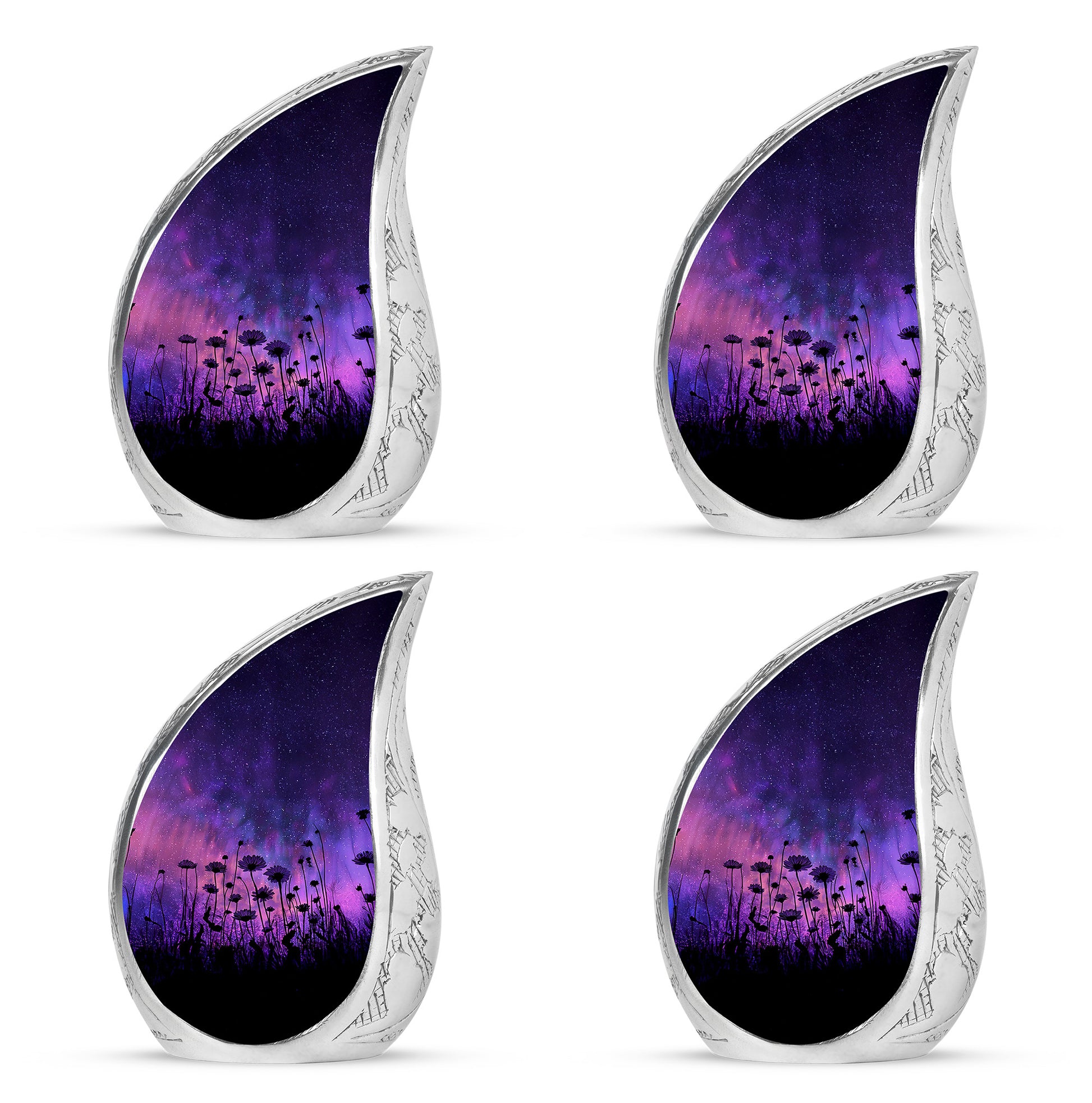 Vivid Blue Daisy Cremation Urn close-up of engraving and surface detail - graceful tear-shaped urn with daisy motif - 10 inch aluminum urn for cremated remains