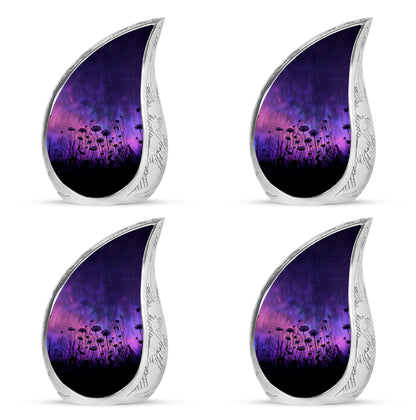 Vivid Blue Daisy Cremation Urn close-up of engraving and surface detail - graceful tear-shaped urn with daisy motif - 10 inch aluminum urn for cremated remains