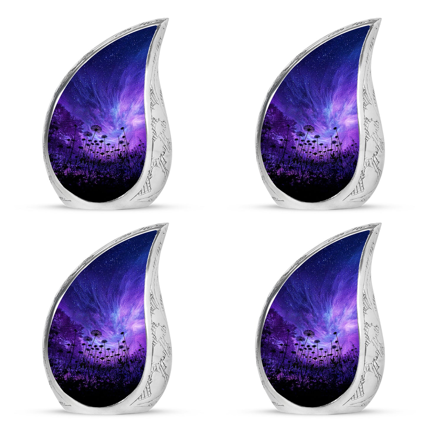 Indigo Daisy Cremation Urn close-up of engraving and surface detail - rounded teardrop daisy design with delicate detail - 10 inch aluminum urn for cremated remains