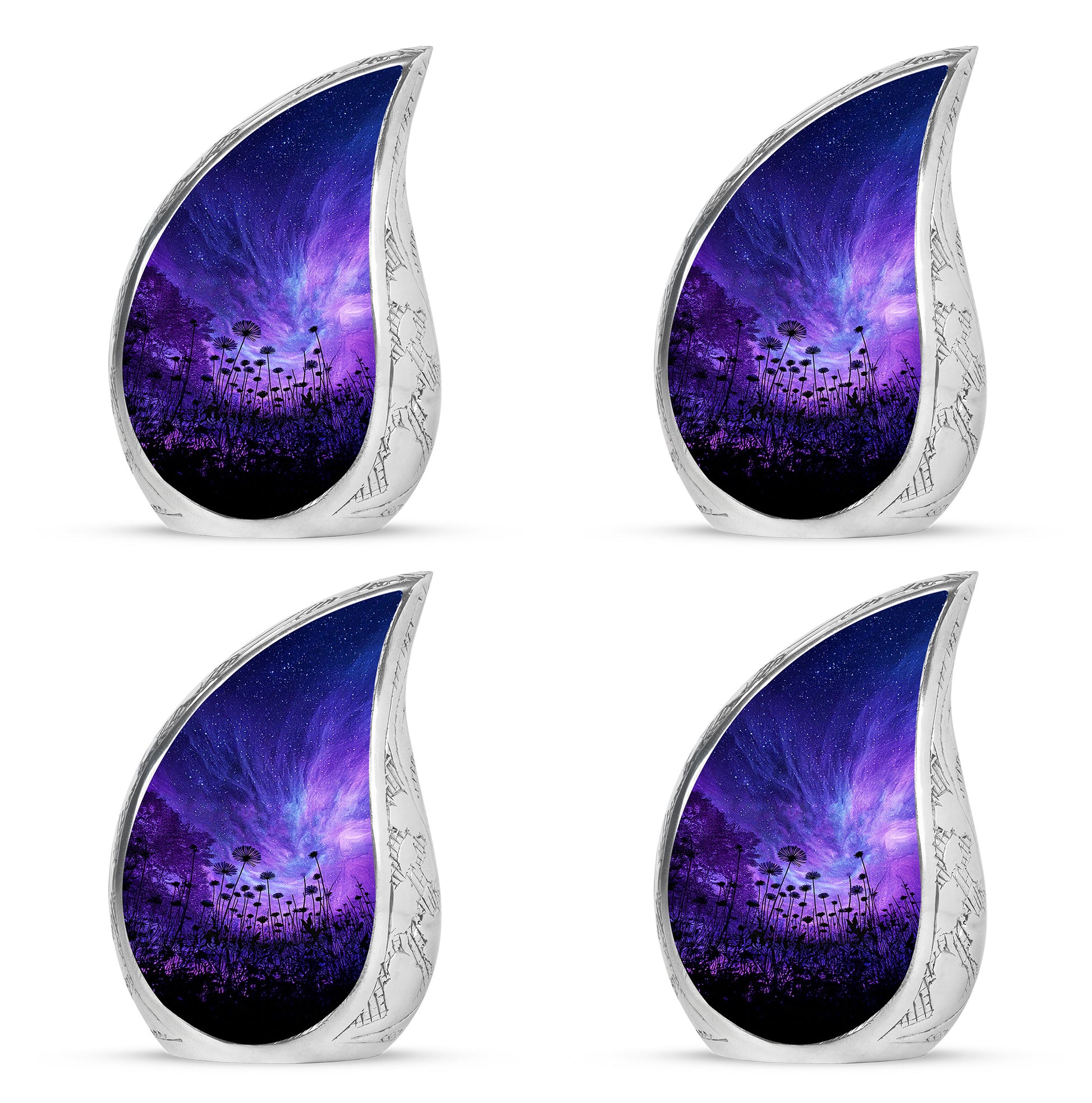 Indigo Daisy Cremation Urn close-up of engraving and surface detail - rounded teardrop daisy design with delicate detail - 10 inch aluminum urn for cremated remains