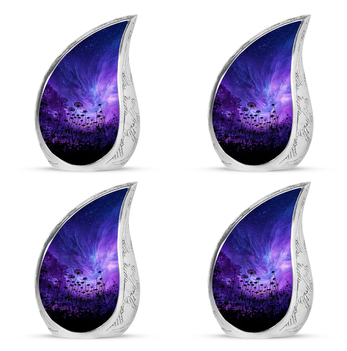 Indigo Daisy Cremation Urn close-up of engraving and surface detail - rounded teardrop daisy design with delicate detail - 10 inch aluminum urn for cremated remains