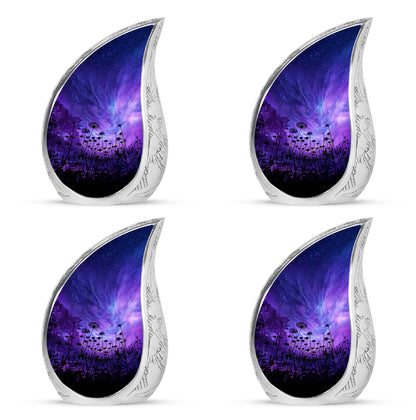 Indigo Daisy Cremation Urn close-up of engraving and surface detail - rounded teardrop daisy design with delicate detail - 10 inch aluminum urn for cremated remains