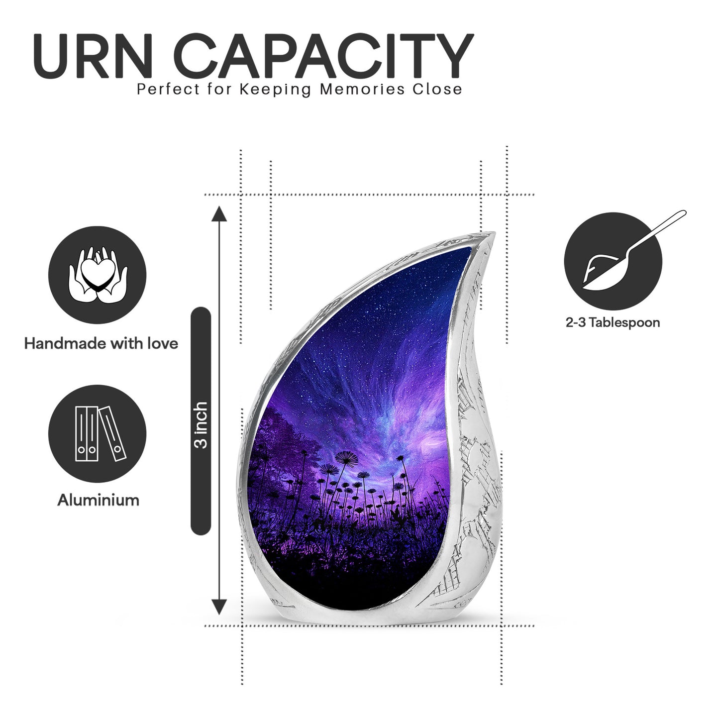 Slate Blue Daisy Cremation Urn angled view of lid and engraved motif - flowing teardrop daisy silhouette on curved aluminum - mini keepsake memorial for portion of cremation ashes