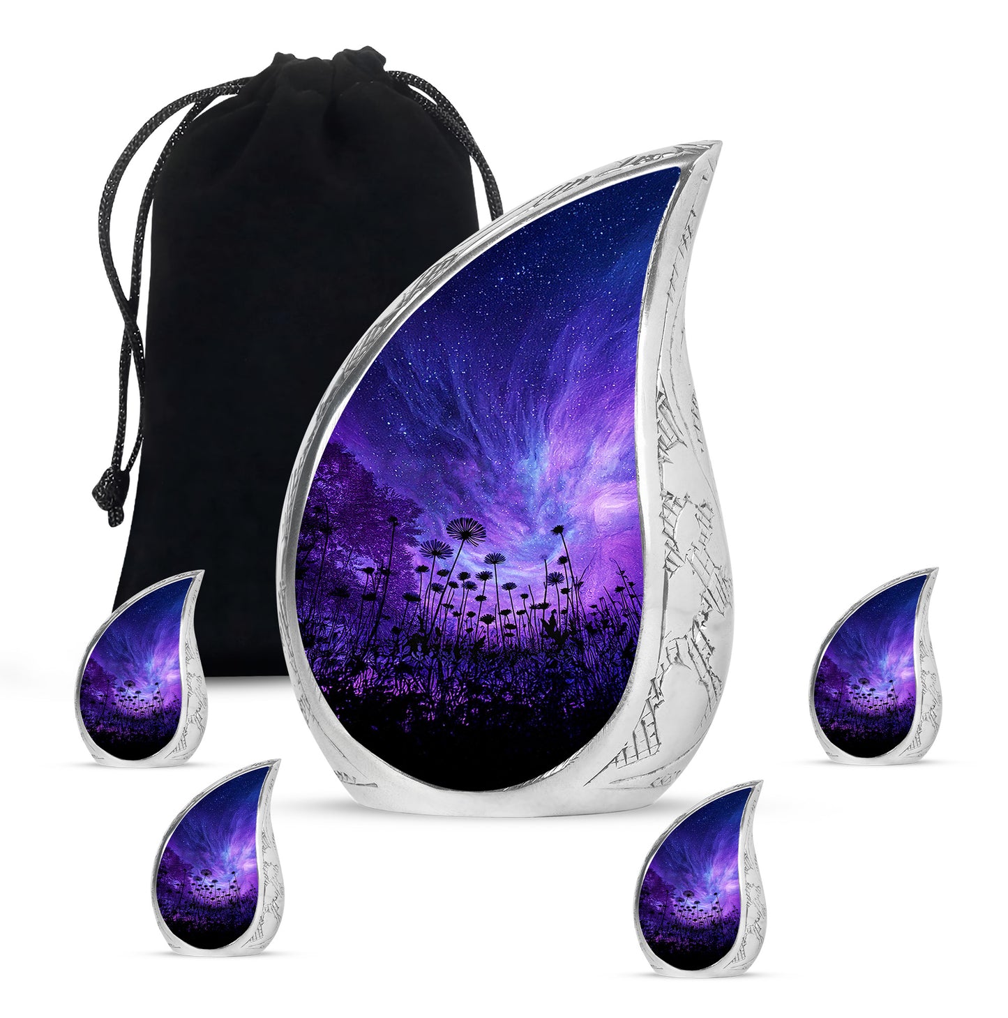 Cornflower Blue Daisy Cremation Urn side profile showing urn shape - smooth teardrop contour featuring daisy art - memorial set with one large and four small urns